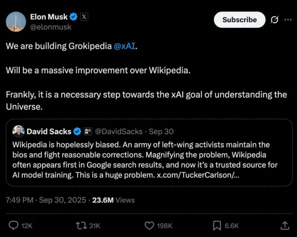招财猫配资 马斯克推出Grokipedia叫板维基百科, 内容却大量照搬